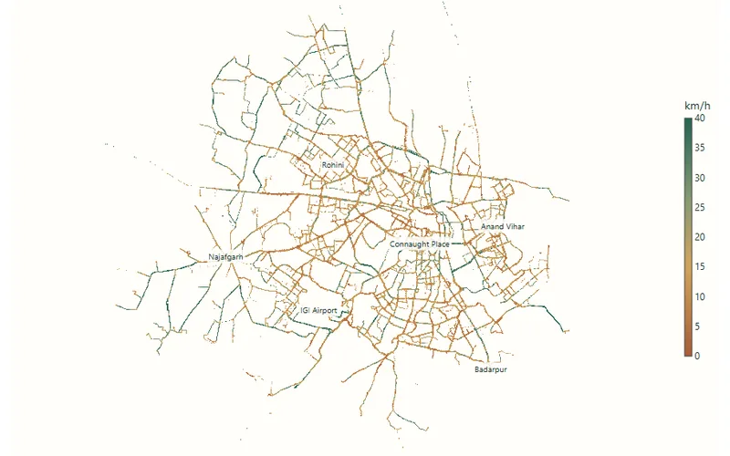 Map of observed bus speeds along Delhi road corridors.